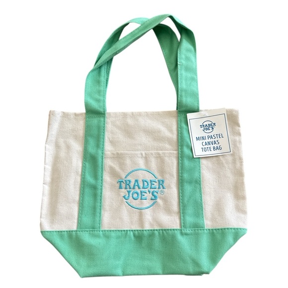 Trader Joe's Green and Blue Pastel Mini Limited Edition Canvas Tote Bag New - Picture 1 of 7